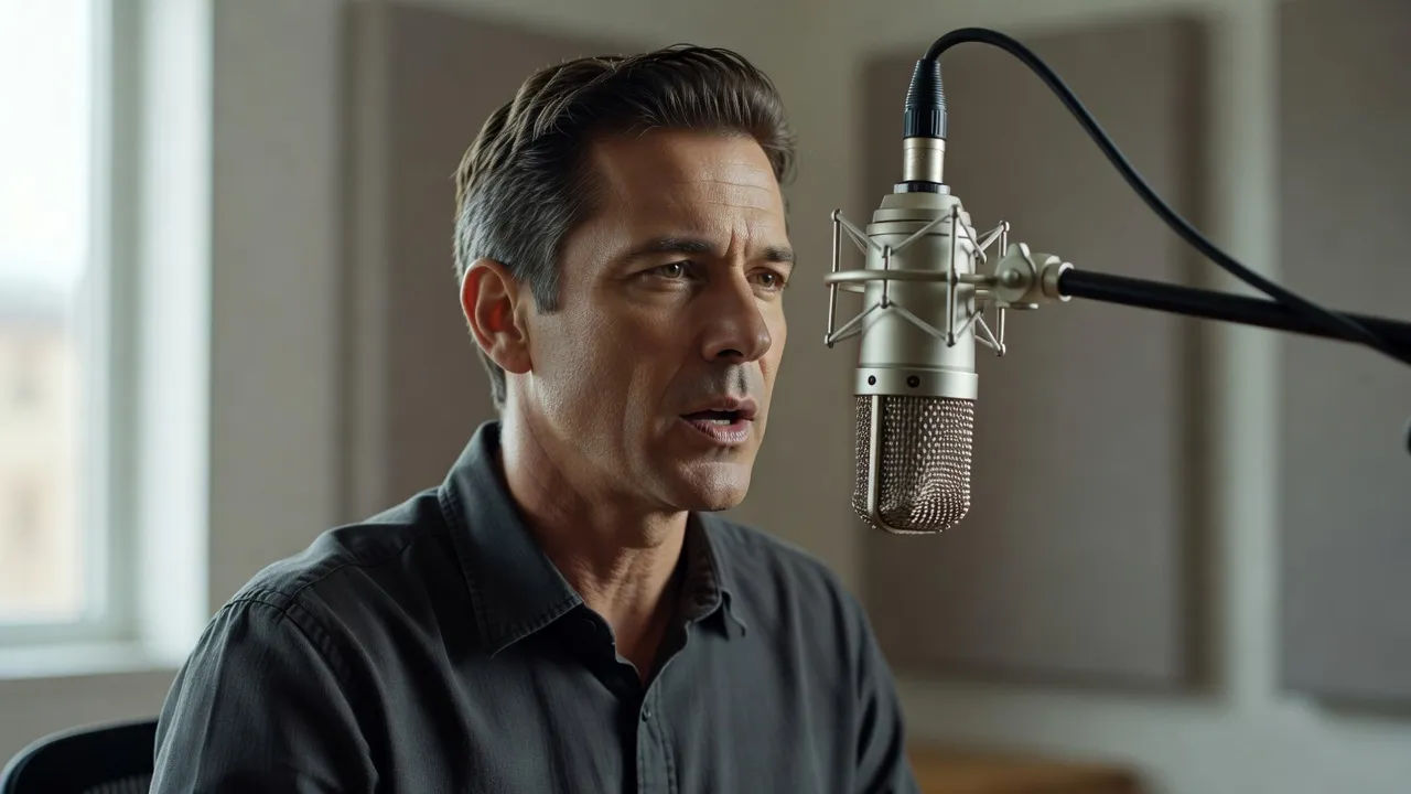 Narrator reading one short line at a close studio mic