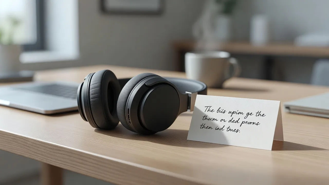 One index card with a few lines beside headphones on a desk