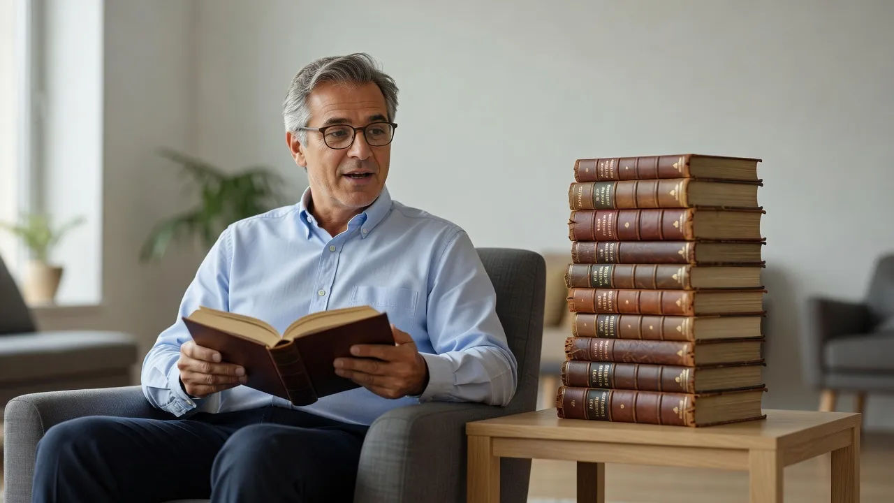 Narrator reading brightly beside a stack of adventure chapter books