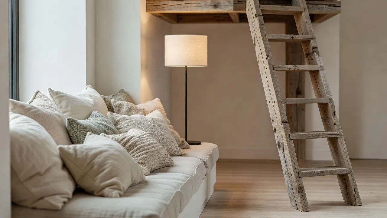 A cozy reading nook with pillows, a lamp, and a treehouse ladder