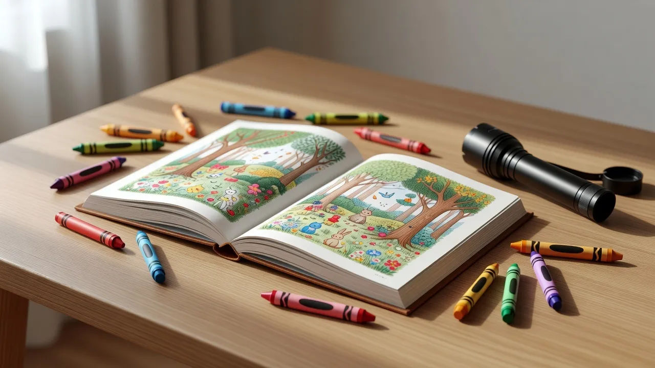 Open illustrated chapter book beside crayons and a flashlight