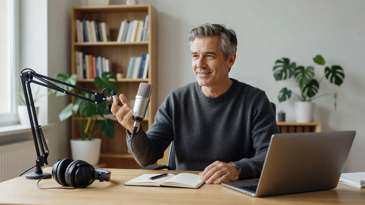 Author directing a friendly voice at a bright home studio desk