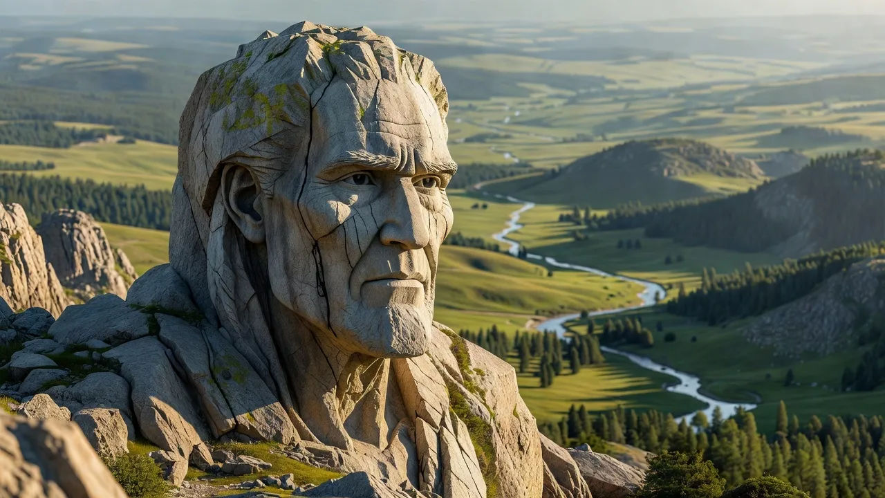 Colossal stone elder with a granite face looming over a valley
