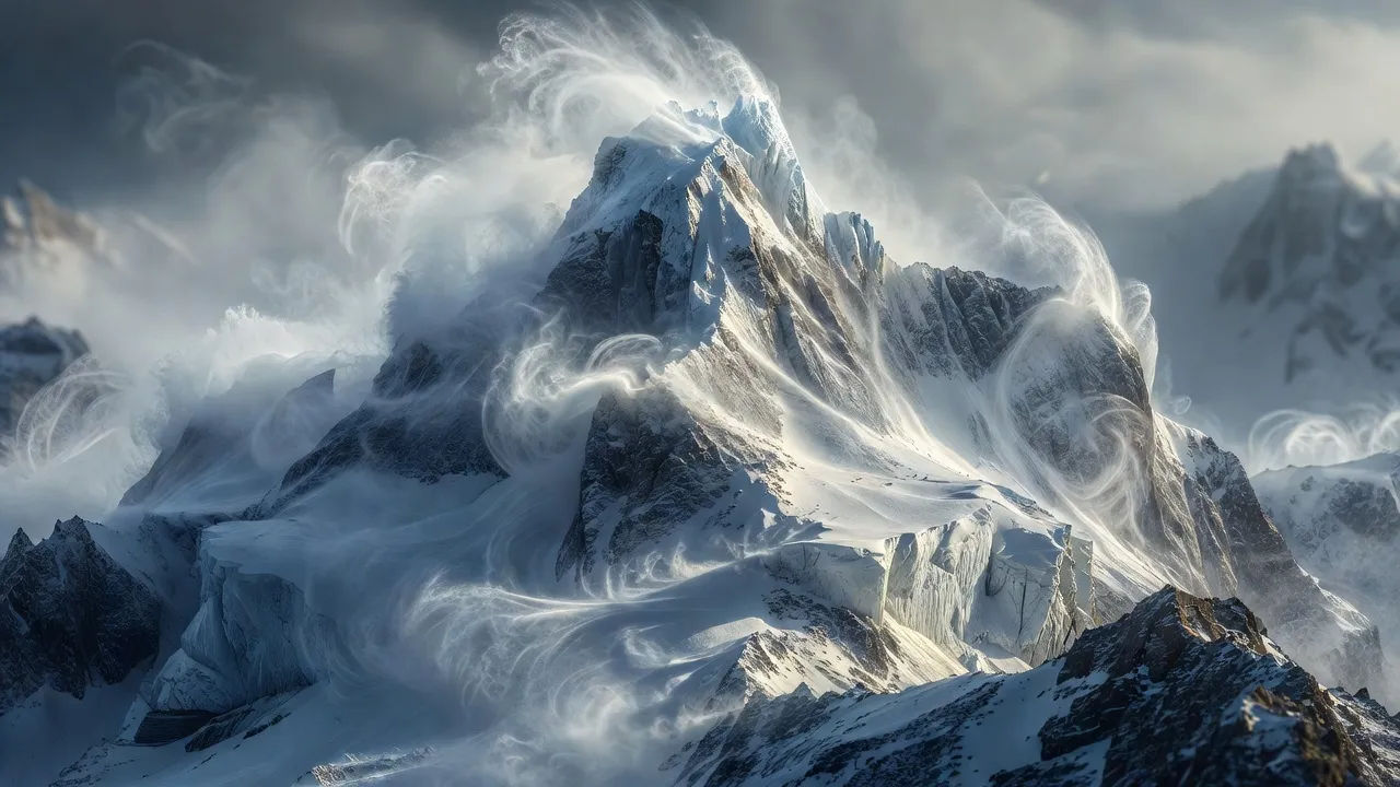 Keening summit wind swirling snow around a jagged icy peak