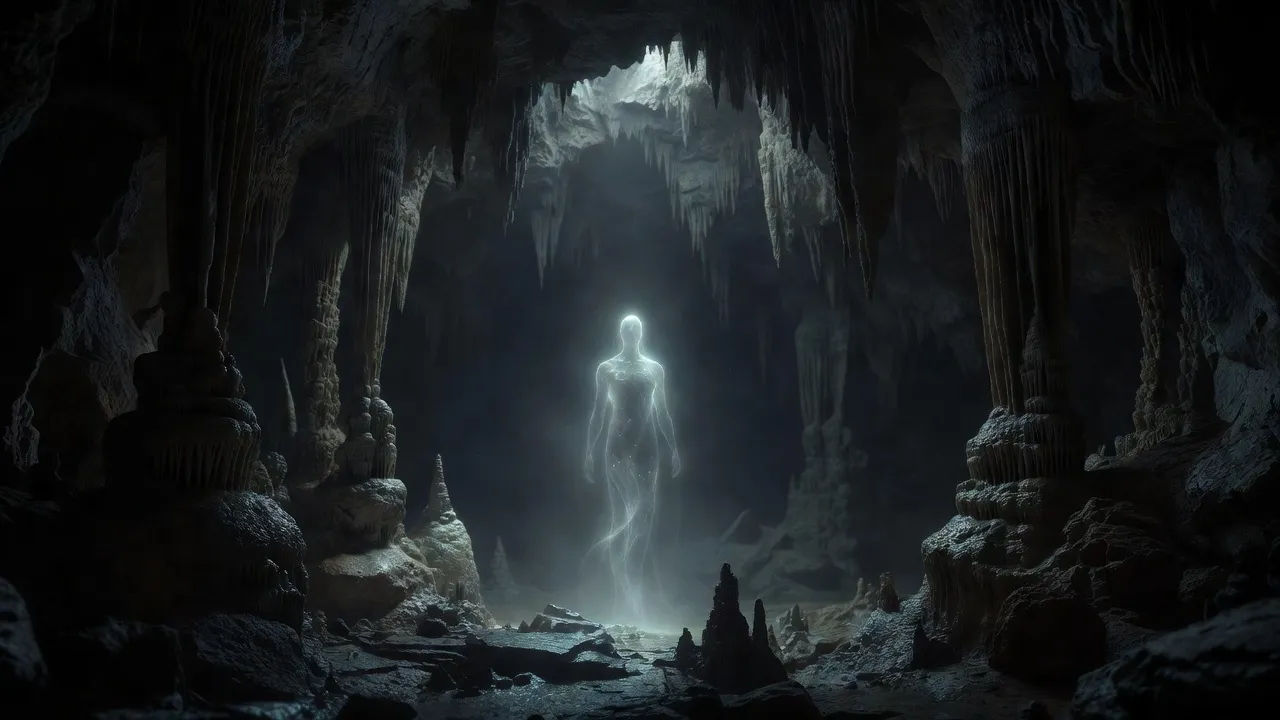 Deep-cave spirit glowing faintly in a vast echoing cavern