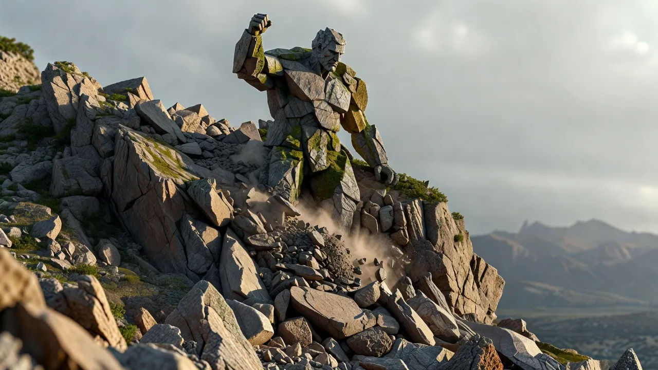 Rockslide guardian rising from tumbling boulders on a cliff