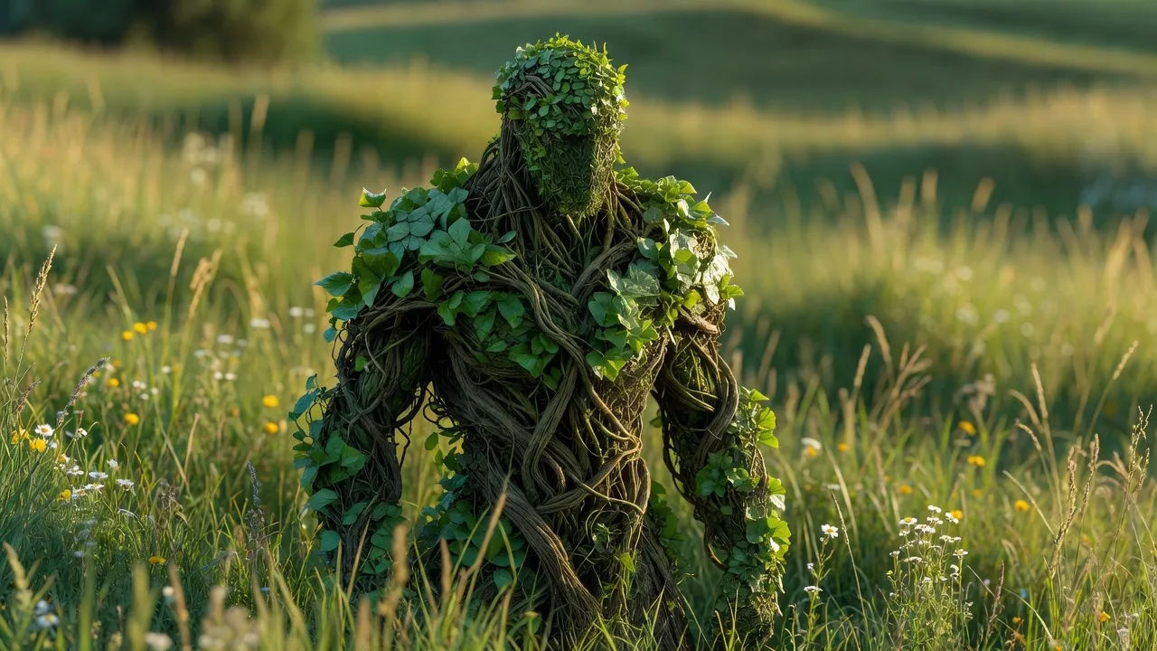 Green guardian woven from vines and leaves in a sunlit meadow