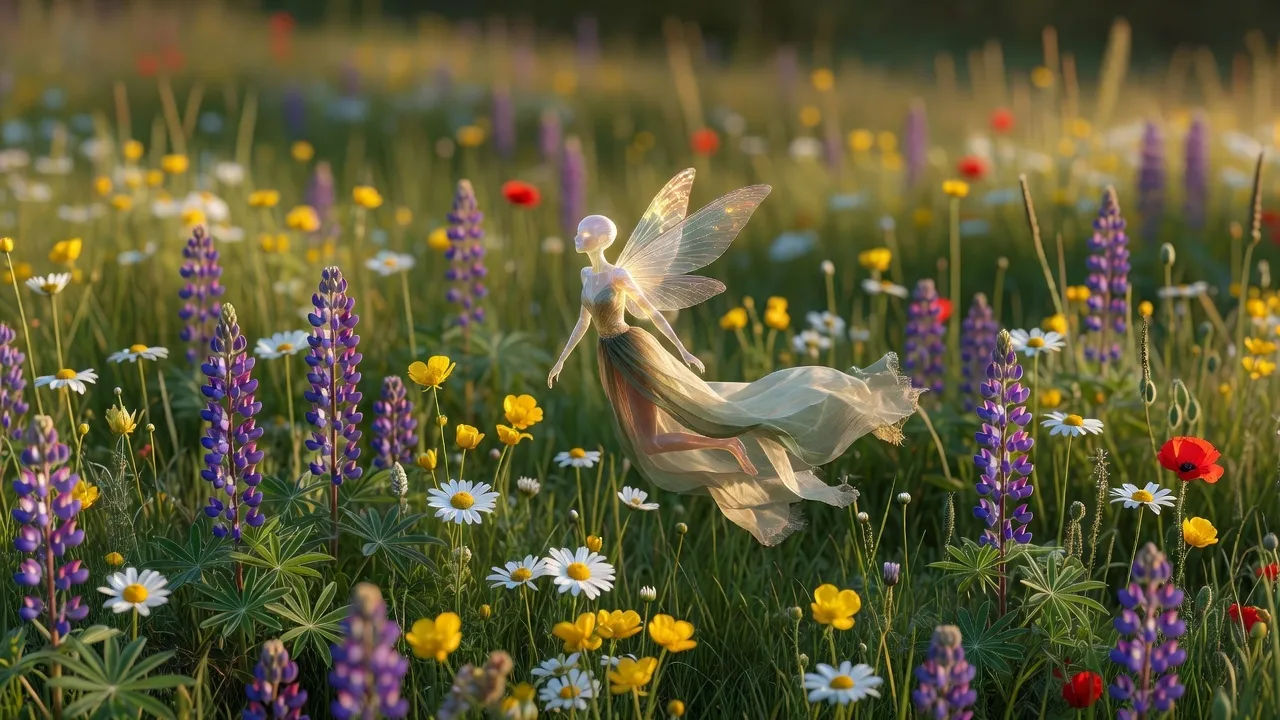 Meadow sprite drifting over wildflowers at golden hour