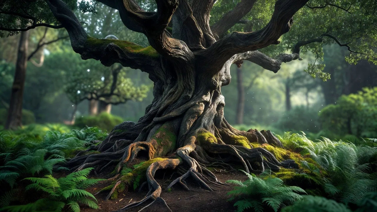Ancient woodland elder rising from mossy roots and ferns