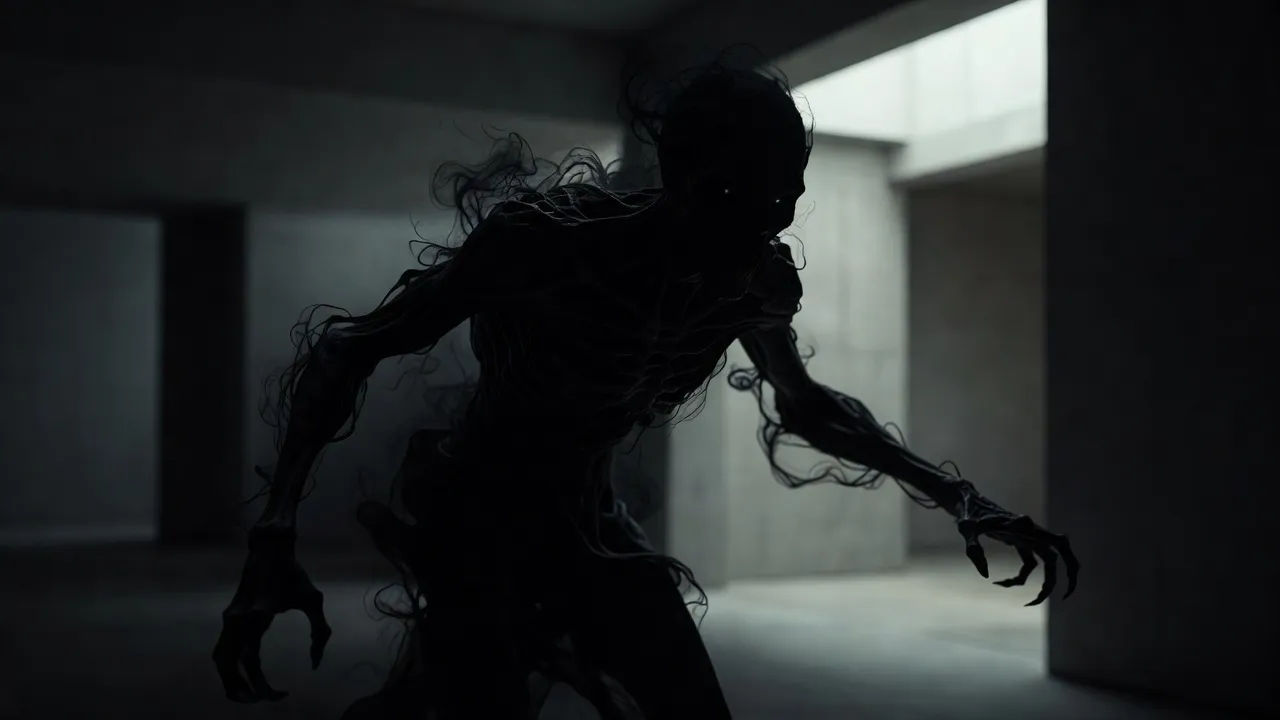 A shadowy nightmare figure with hollow eyes leaning out of deep darkness