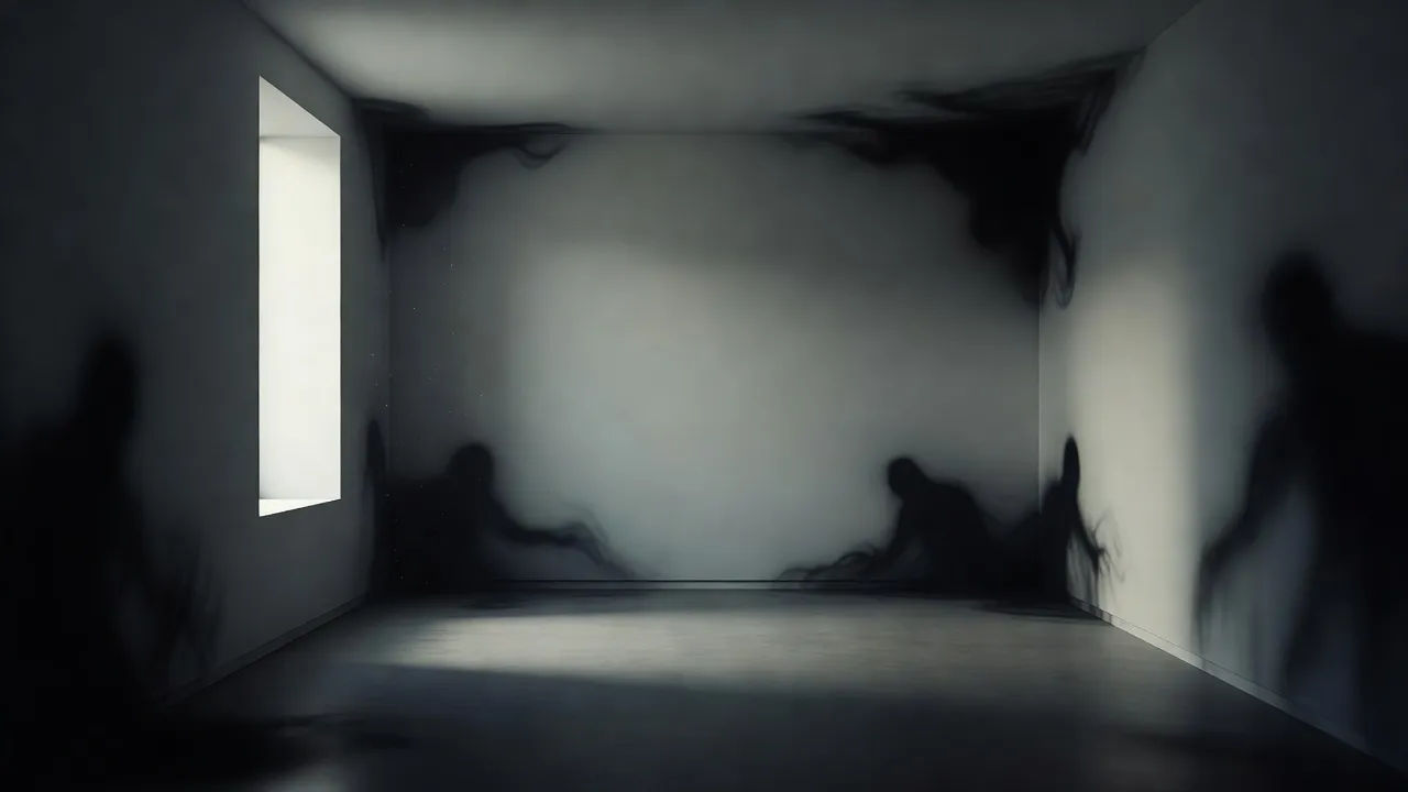 Several shadowy nightmare forms crowding the edges of a dim room
