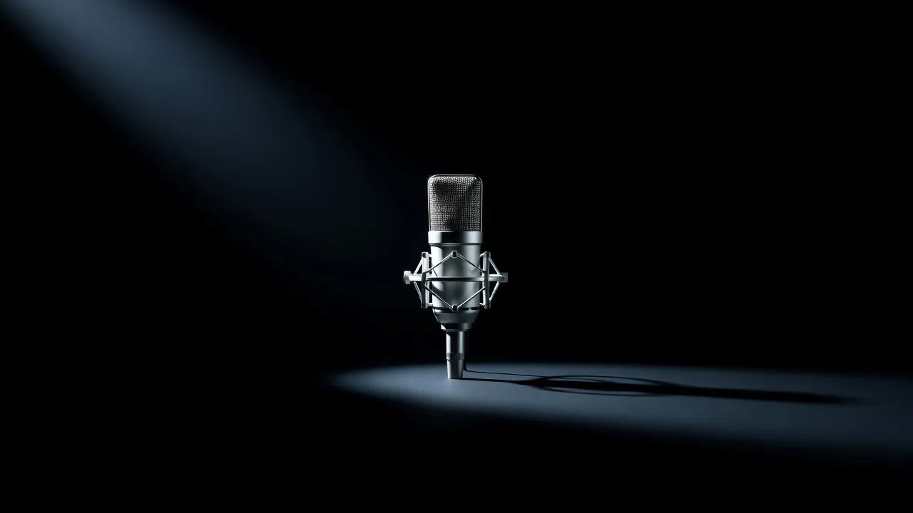 A studio microphone lit by a single cold light against total black