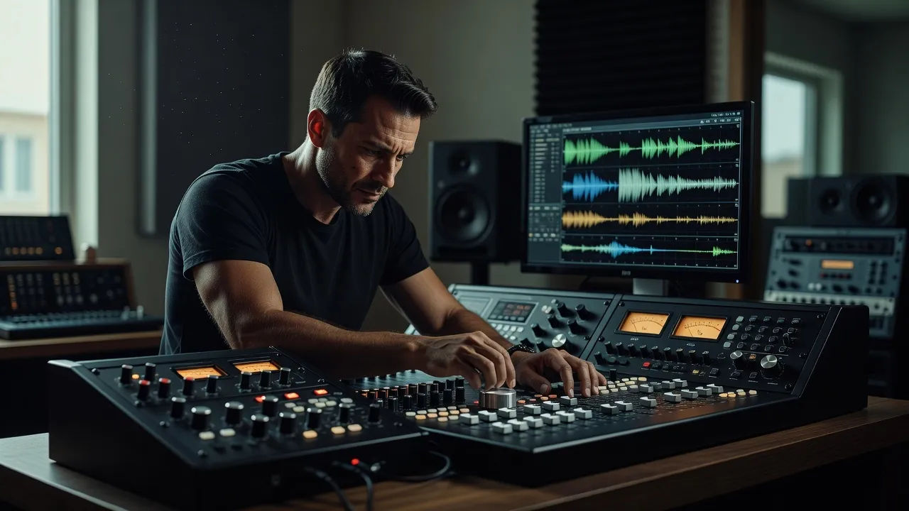 A sound designer shaping a distorted horror voice at a shadowed console