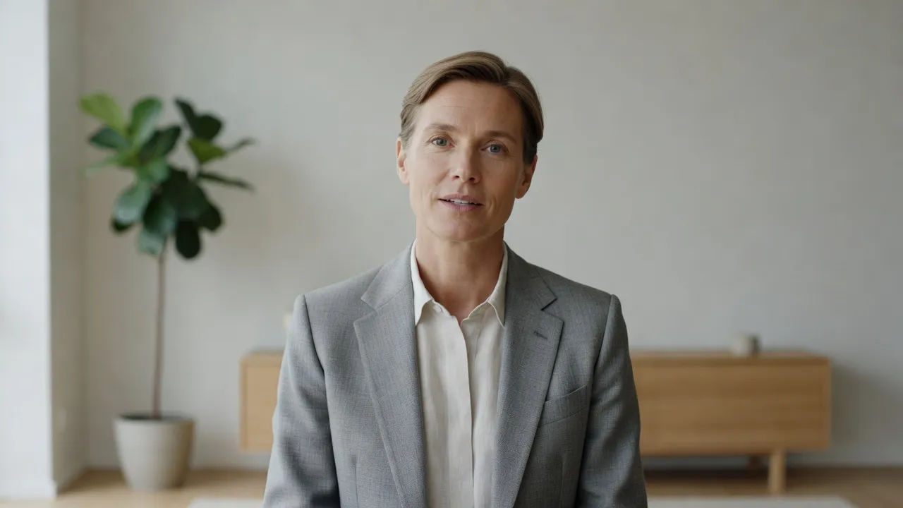 Calm presenter speaking to camera with a soft Norwegian inflection