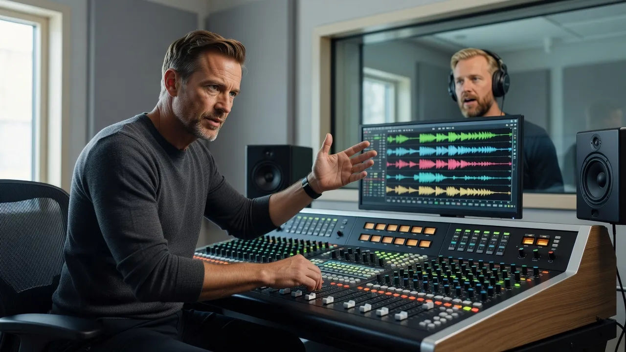 Sound designer directing a Norwegian accent voice at a console
