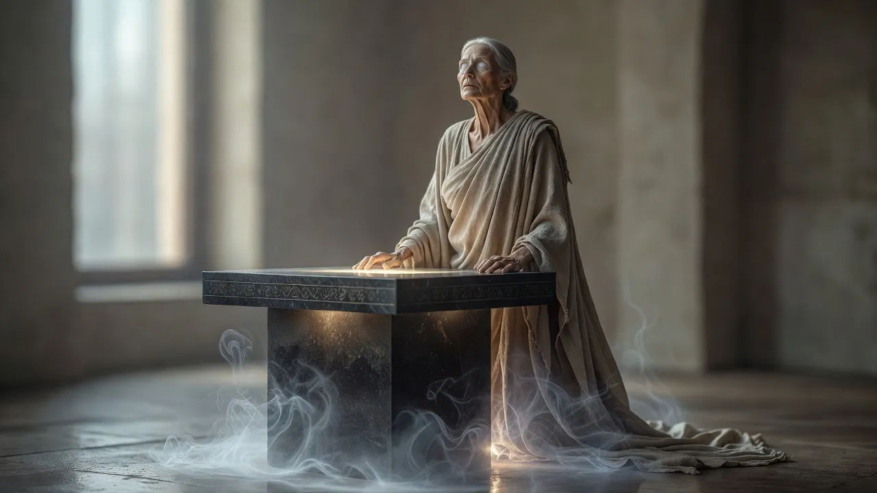 A robed oracle at a glowing altar, eyes clouded, mist rising around her
