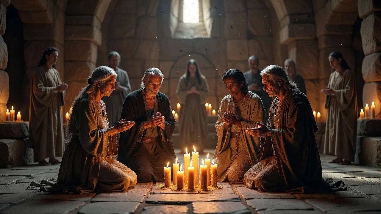 Several oracle figures gathered in a candlelit stone sanctuary