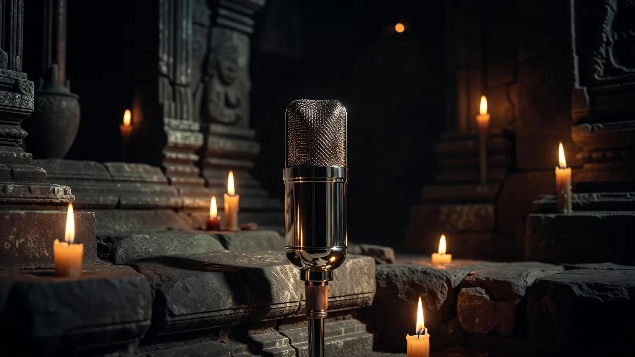A studio microphone lit by candlelight against dark temple stone