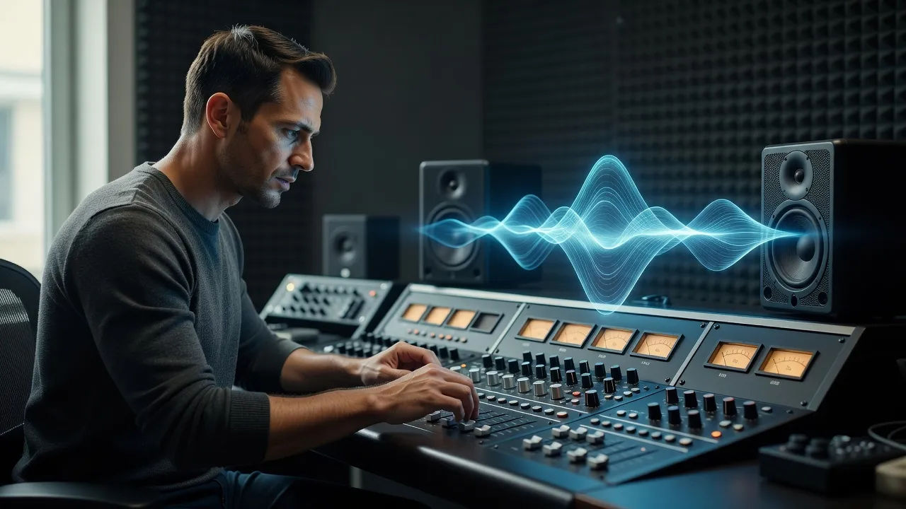 A sound designer shaping a glowing oracle voice at a dim console