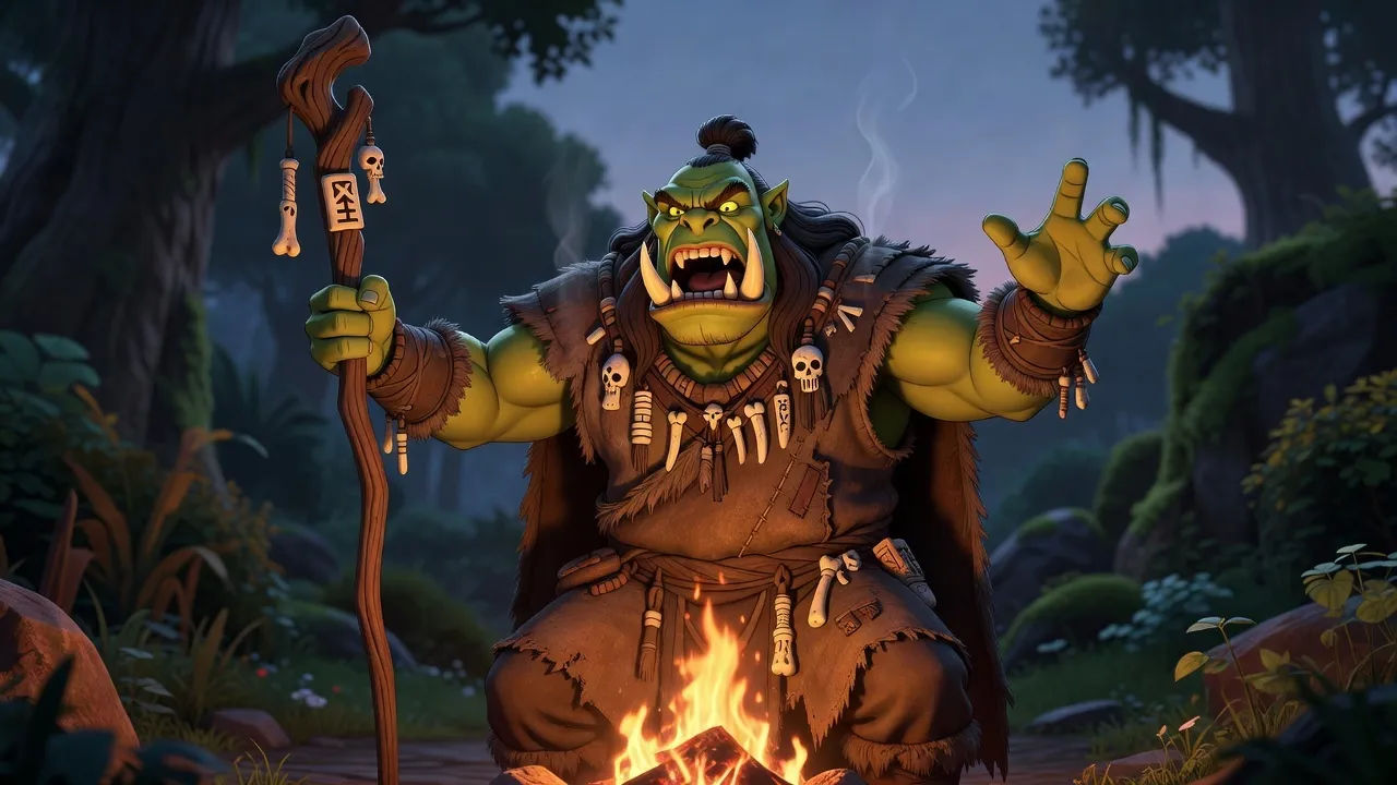 Cartoon orc shaman with tusks and bone totems chanting by a fire