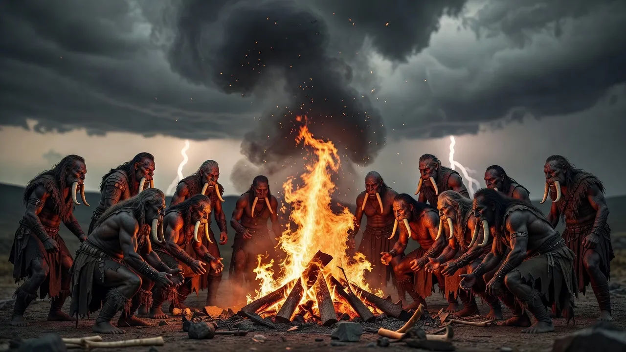 Group of tusked figures around a ritual bonfire under a stormy sky