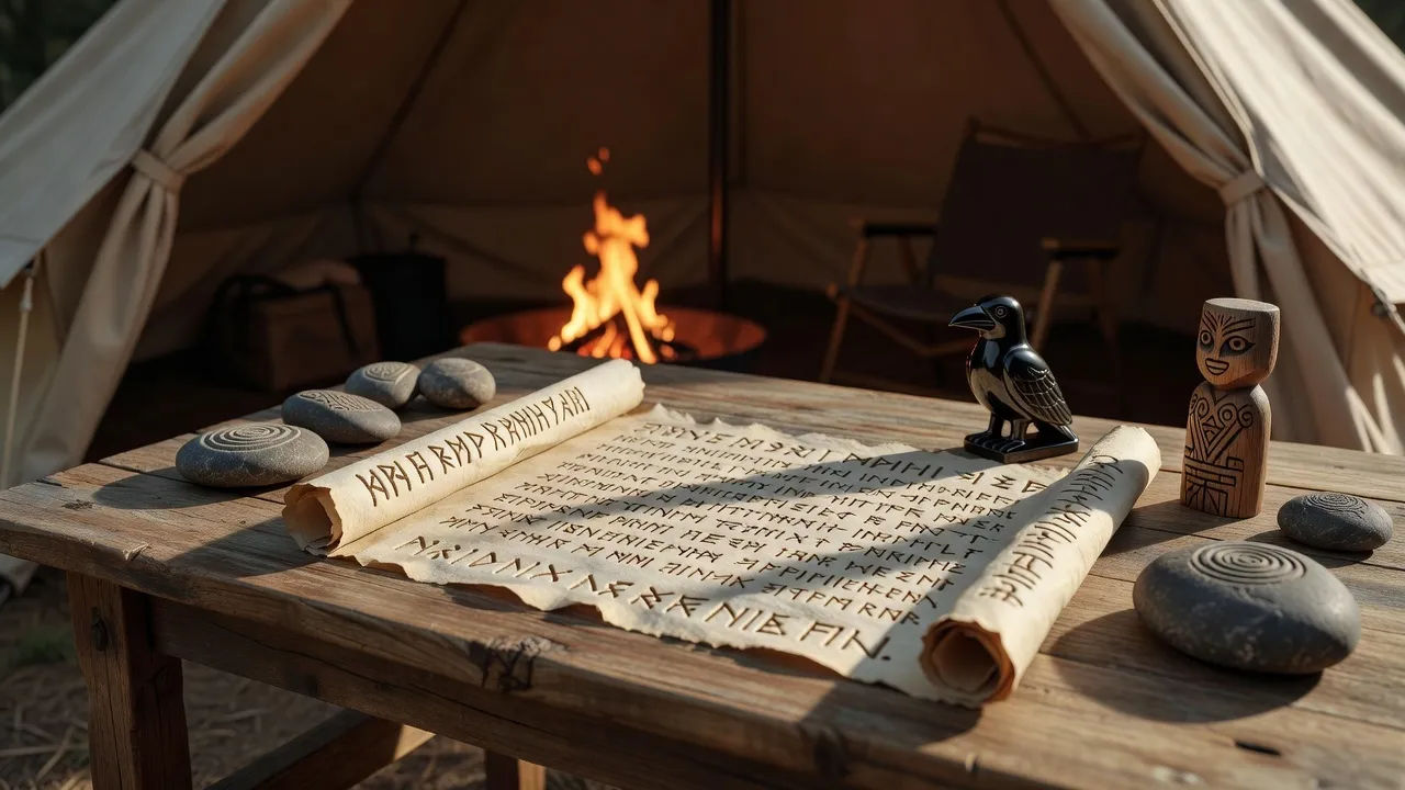 Firelit tent desk with a bone-etched script and scattered totems