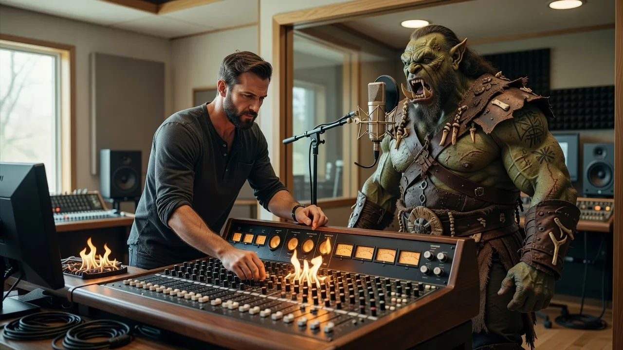Sound designer directing an orc shaman voice at a firelit console