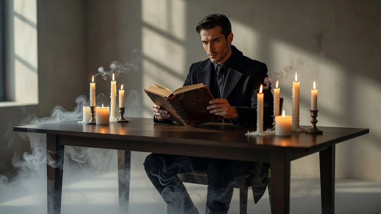 Narrator reading with dark allure beside guttering candles and mist