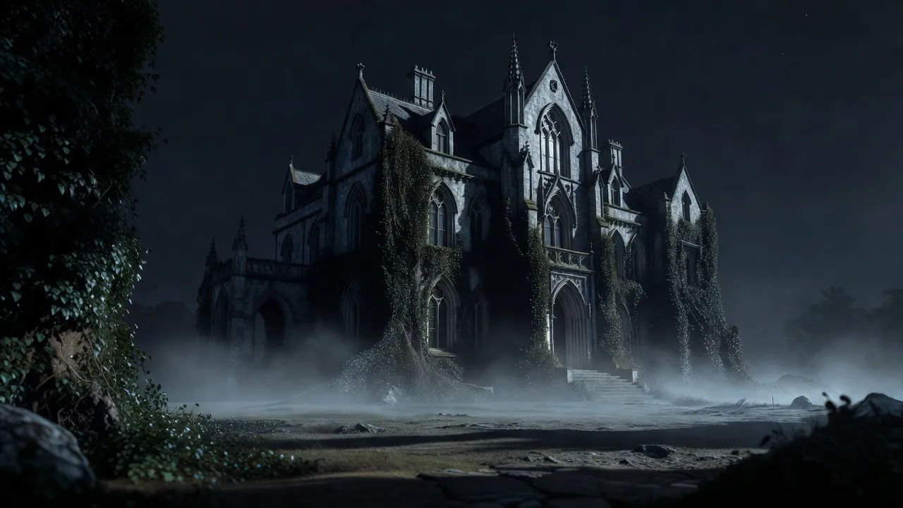 A moonlit gothic manor wreathed in mist and dark ivy