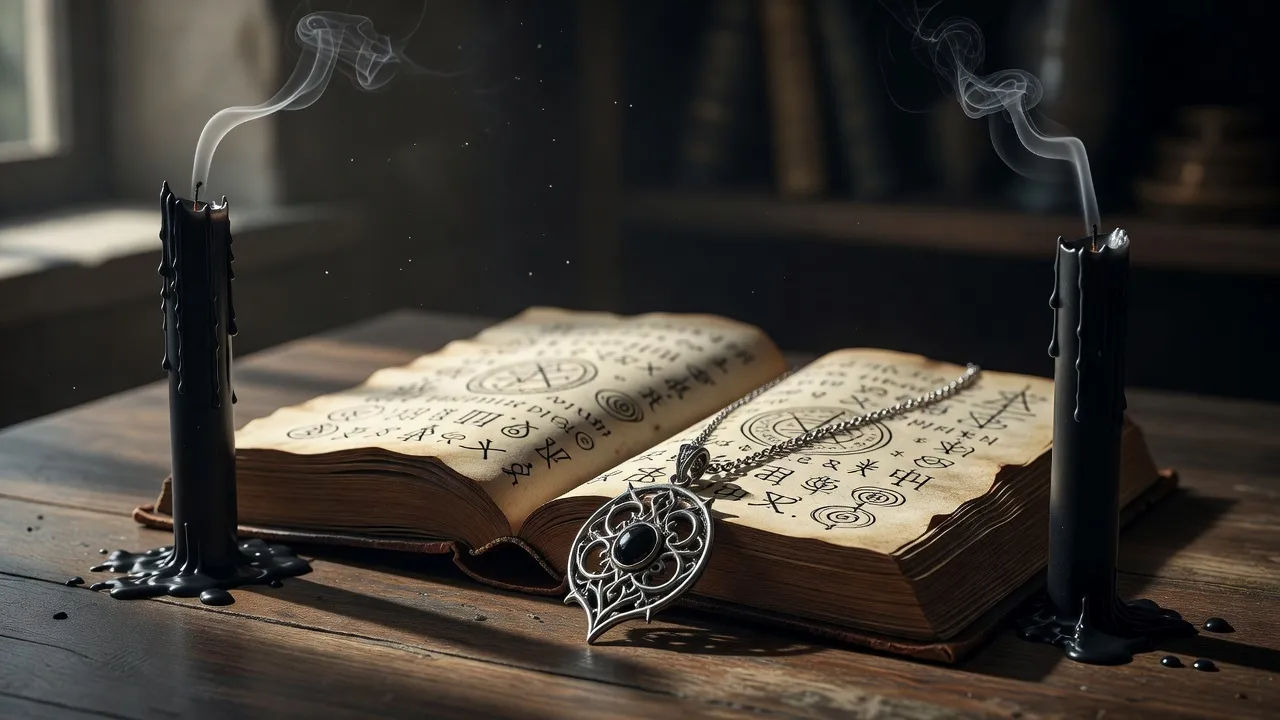 Open dark fantasy novel beside a silver pendant and black candles