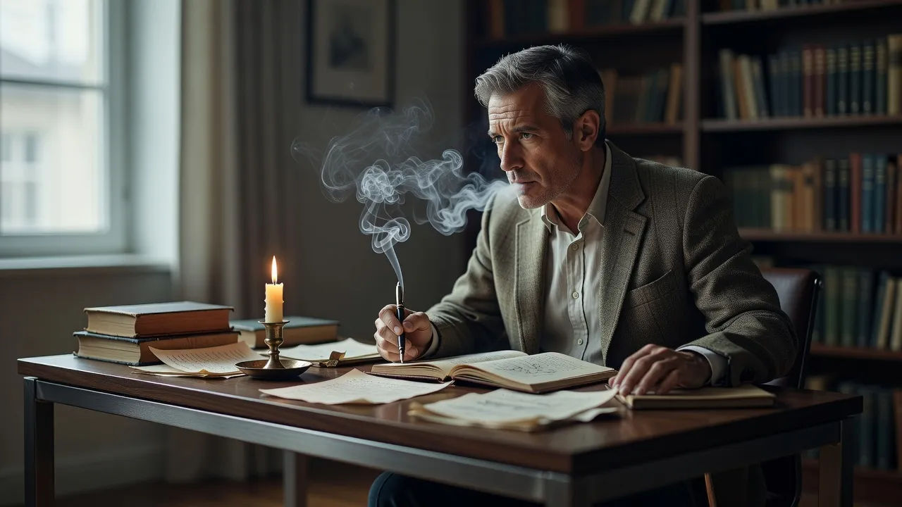 Author directing a smoky voice at a candle-lit writing desk