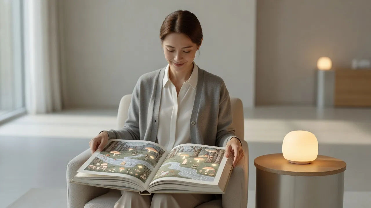 Narrator reading softly beside a big illustrated storybook and a nightlight