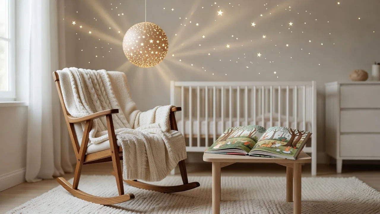 A snug nursery with a rocking chair, star lamp, and open picture book