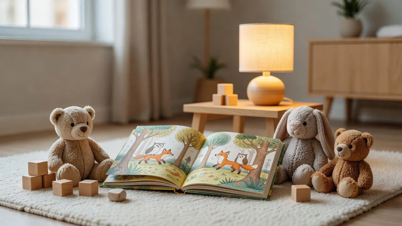 Open picture book beside soft toys, blocks, and a warm lamp