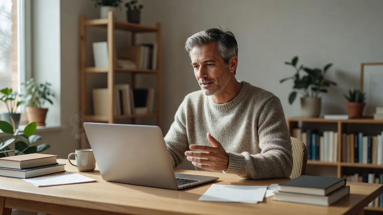 Author directing a gentle voice at a cozy home studio desk