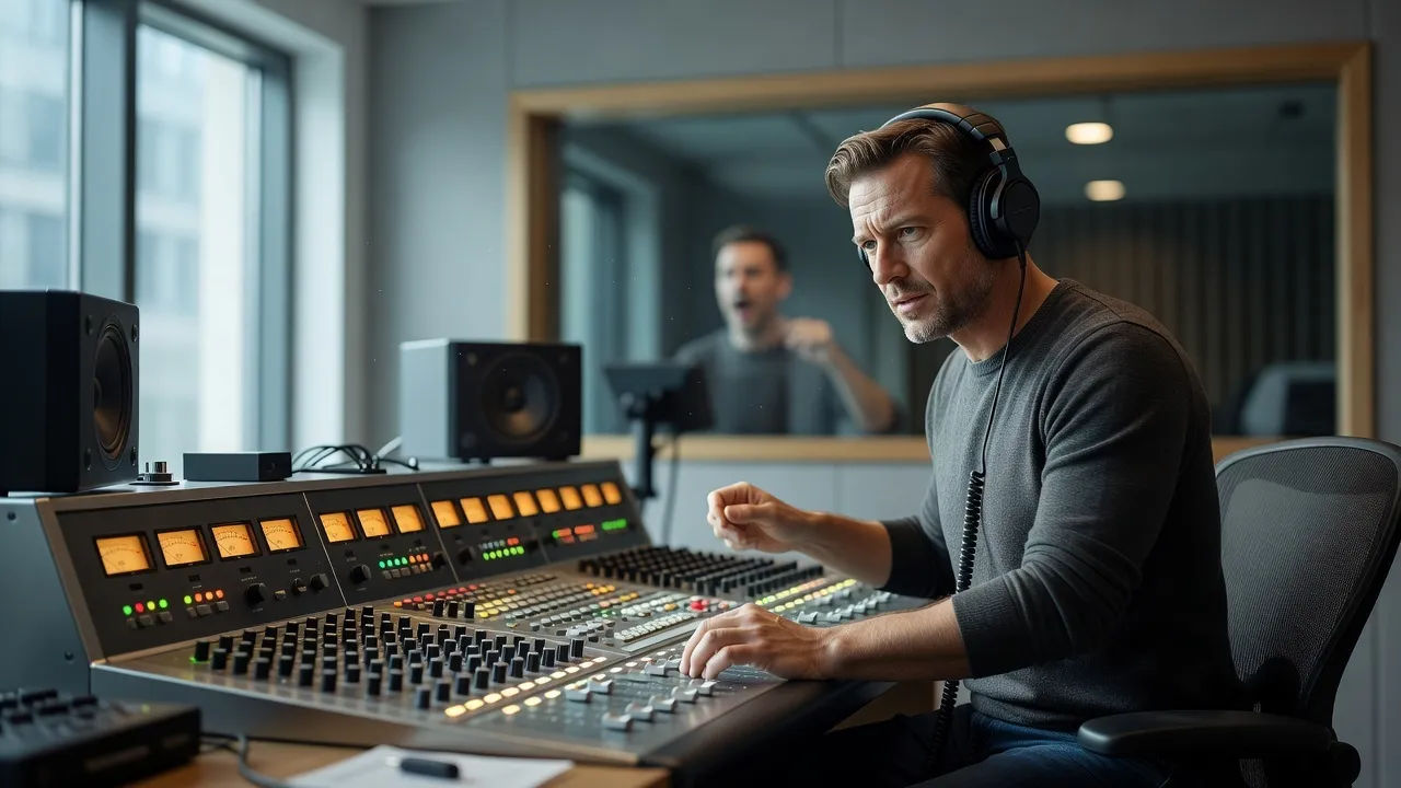 Sound designer directing a Polish English accent voice at a console