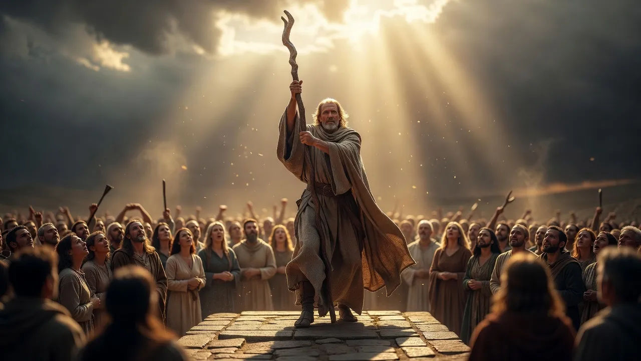 A robed herald raising a staff before a crowd as golden light breaks overhead
