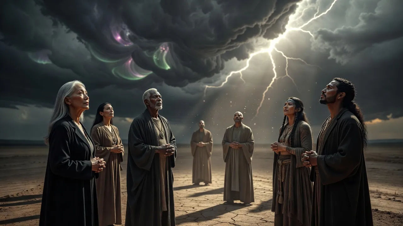 Several prophetic figures gathered under a sky split by strange omens