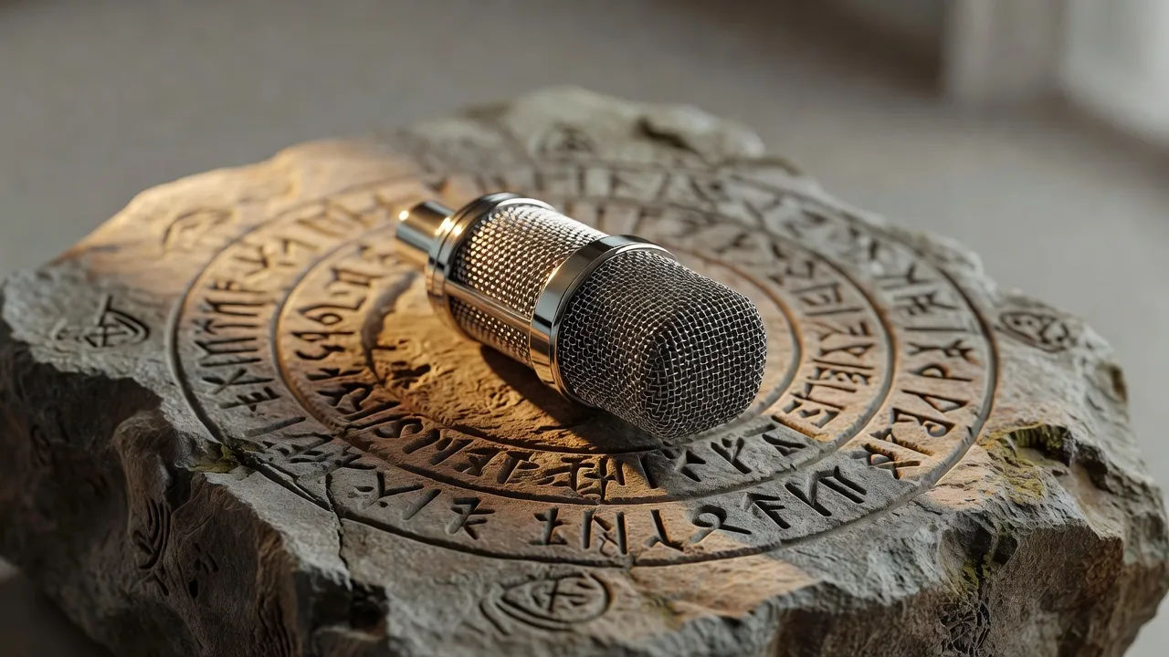 A studio microphone lit by amber light against carved prophetic stone