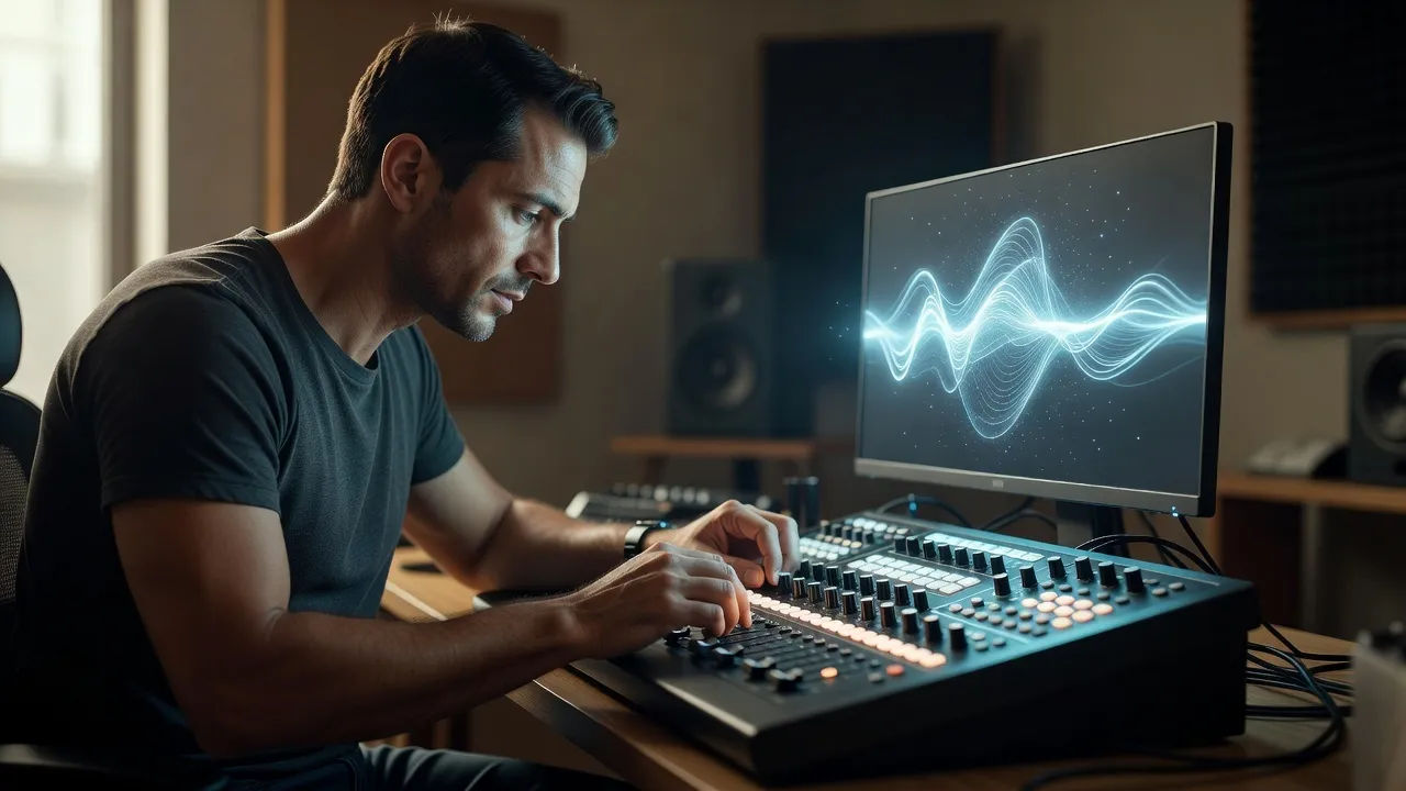 A sound designer shaping a glowing prophetic voice at a dim console