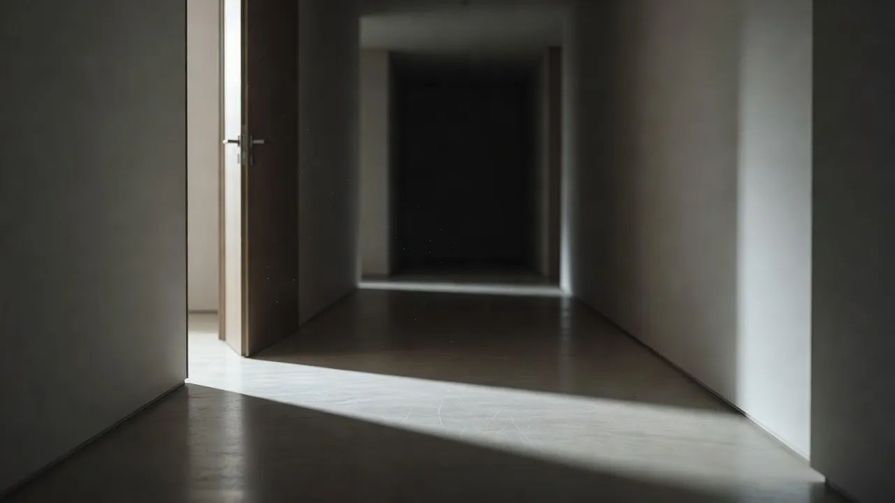 A dim hallway with one open door and a long shadow across the floor