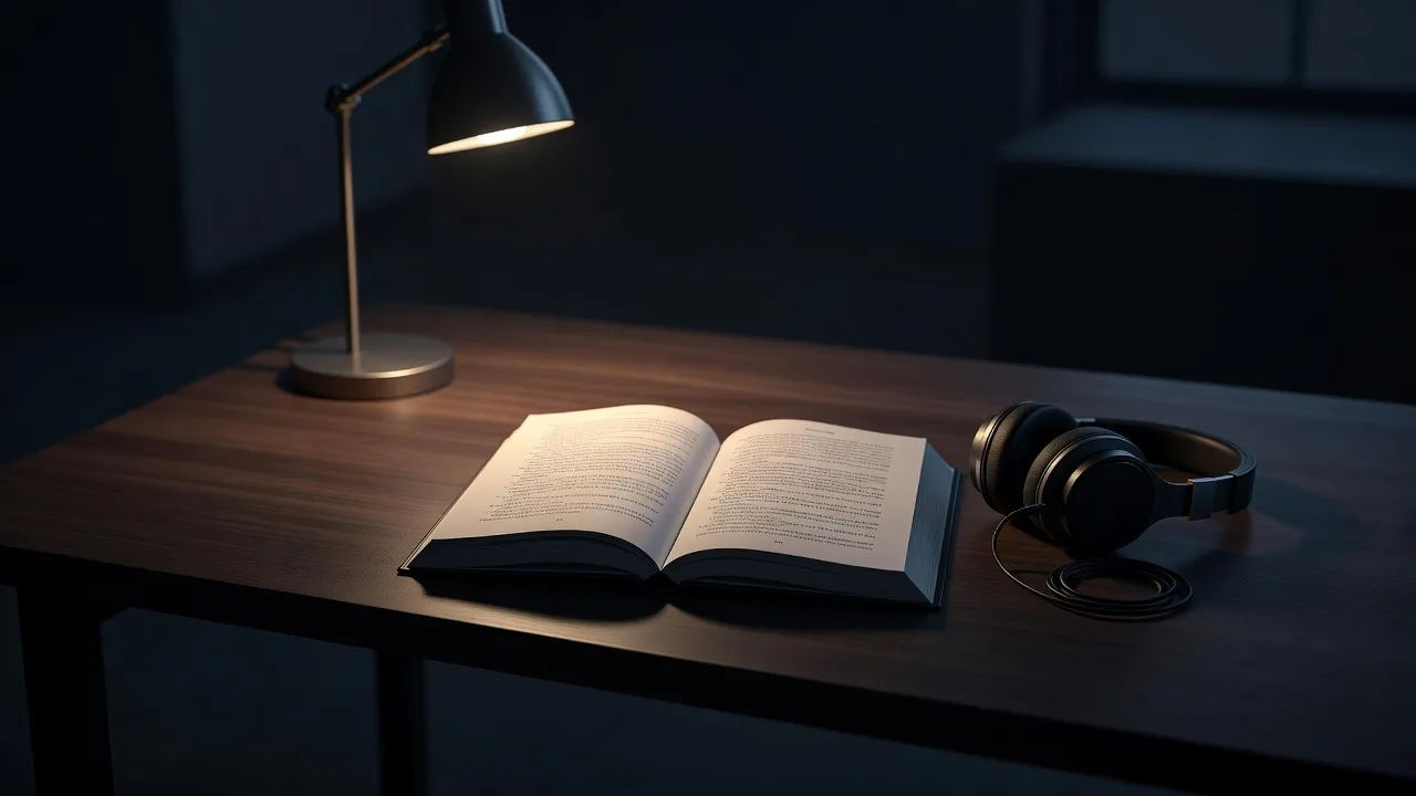 Thriller manuscript beside headphones under a single desk lamp at night