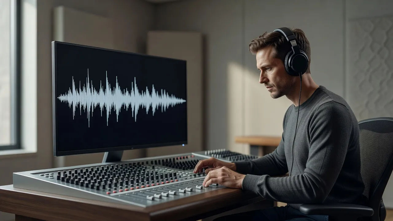 Sound designer at a console with a tight, jagged waveform on screen