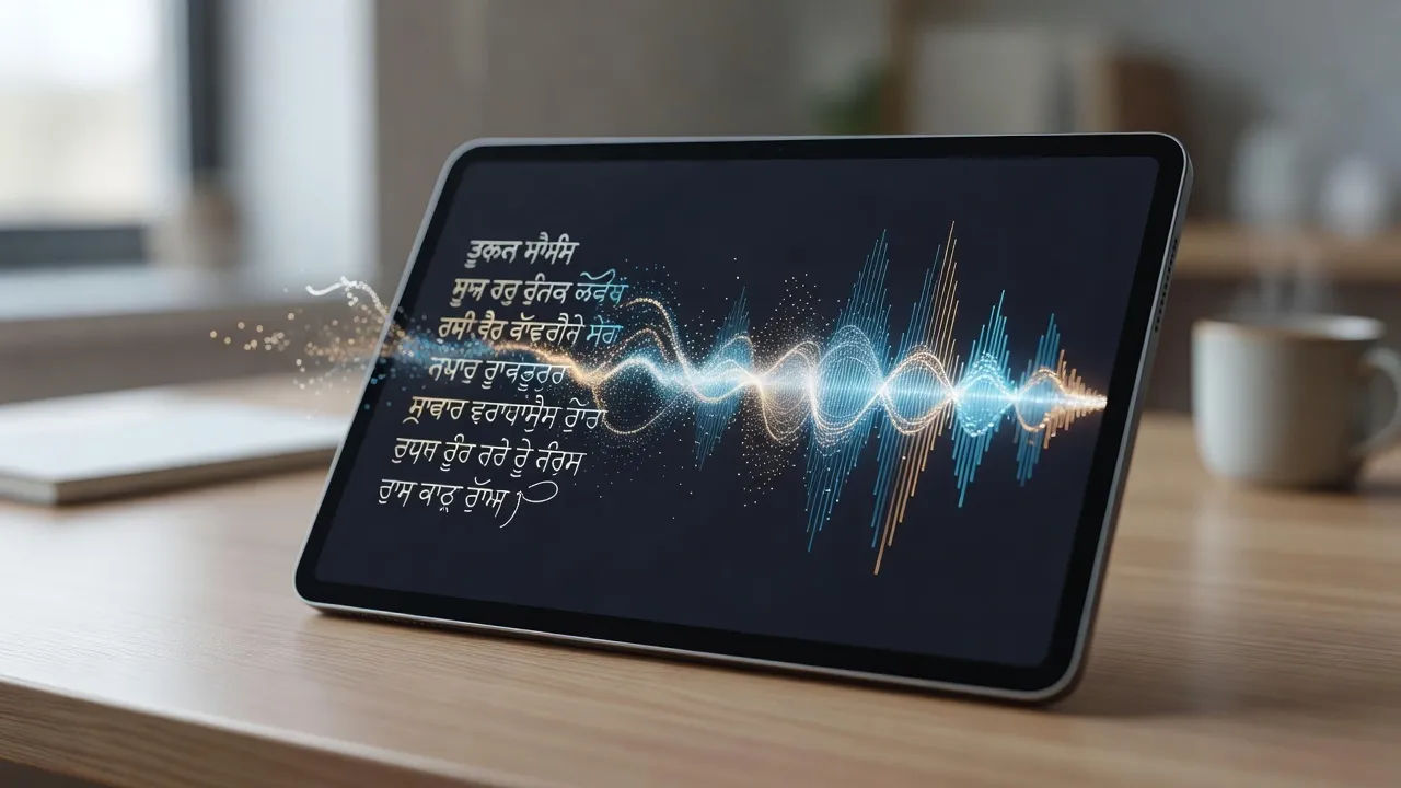 A script turning into a Punjabi voiceover waveform on a tablet