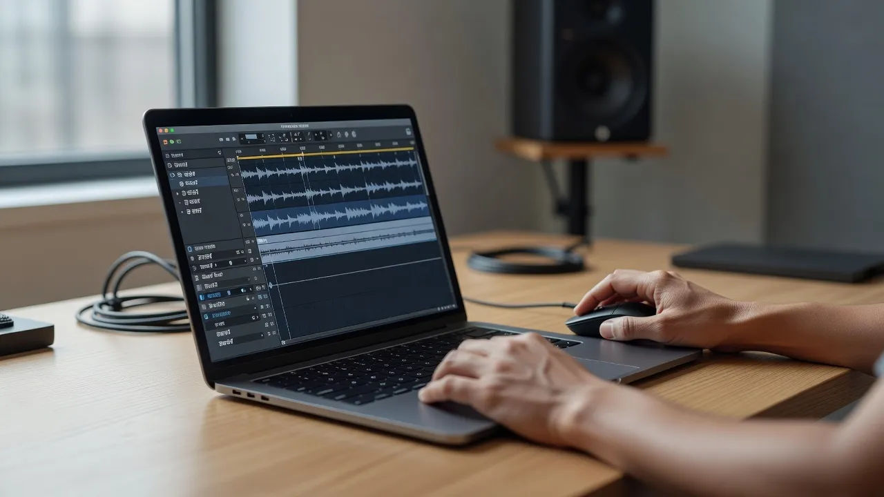 Editing a Punjabi voice prompt on a laptop for a dubbing project