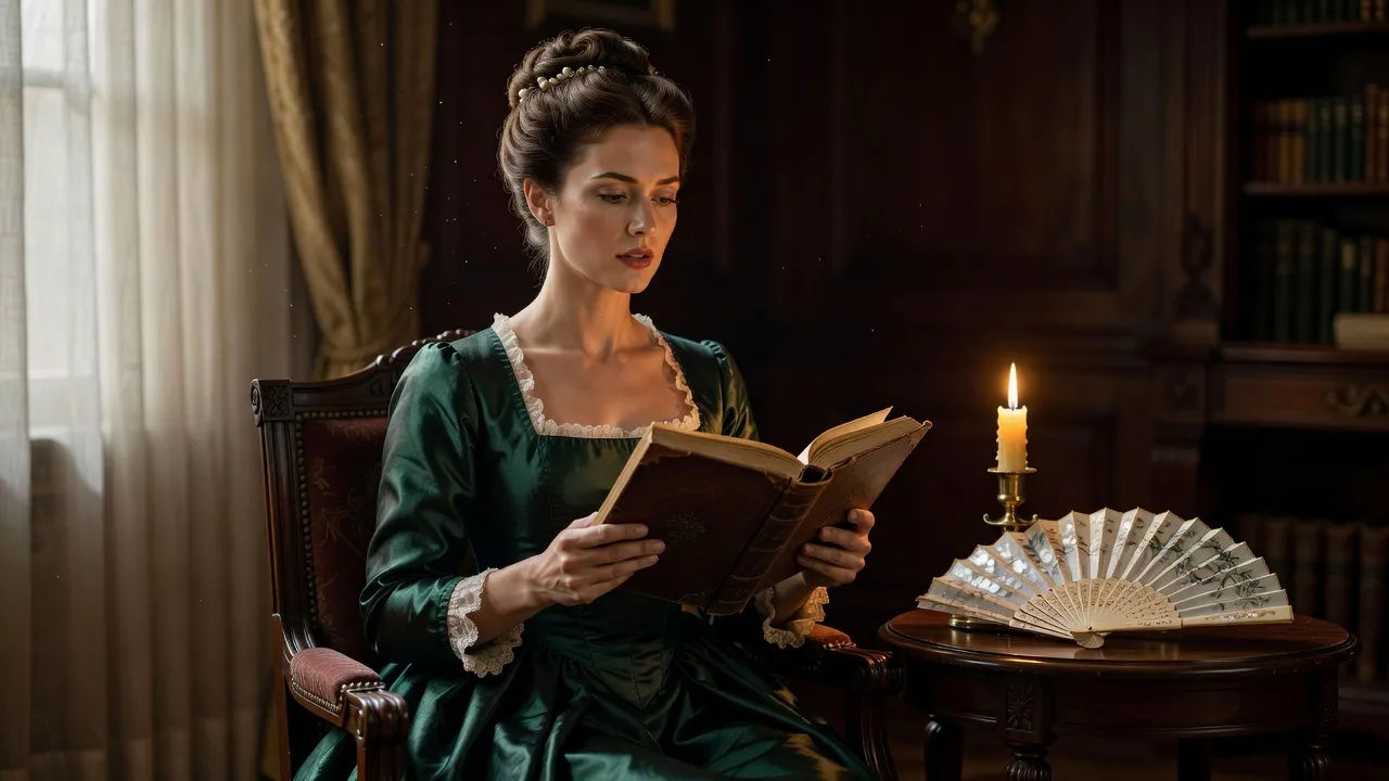 Narrator reading with period poise beside candlelight and a fan