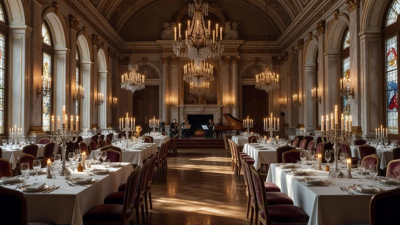 A grand candlelit ballroom set for a lavish period dance