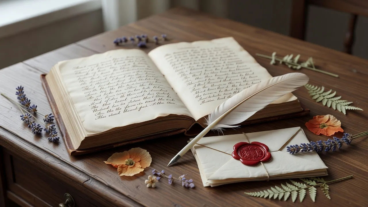 Open period novel beside a quill, wax seal, and pressed flowers