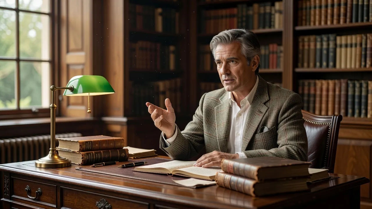 Author directing a refined voice at a period-styled writing desk