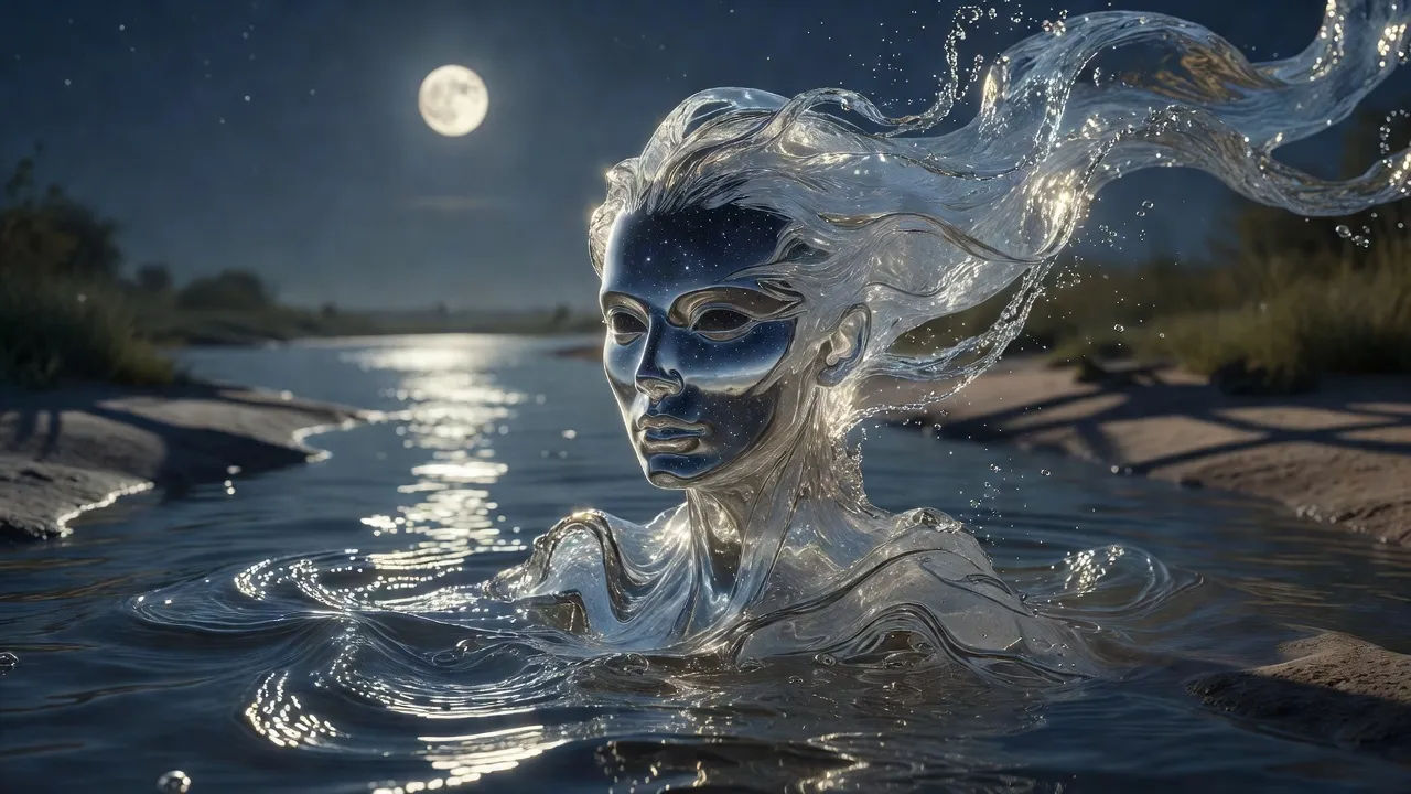 Flowing water spirit forming a face above a moonlit river